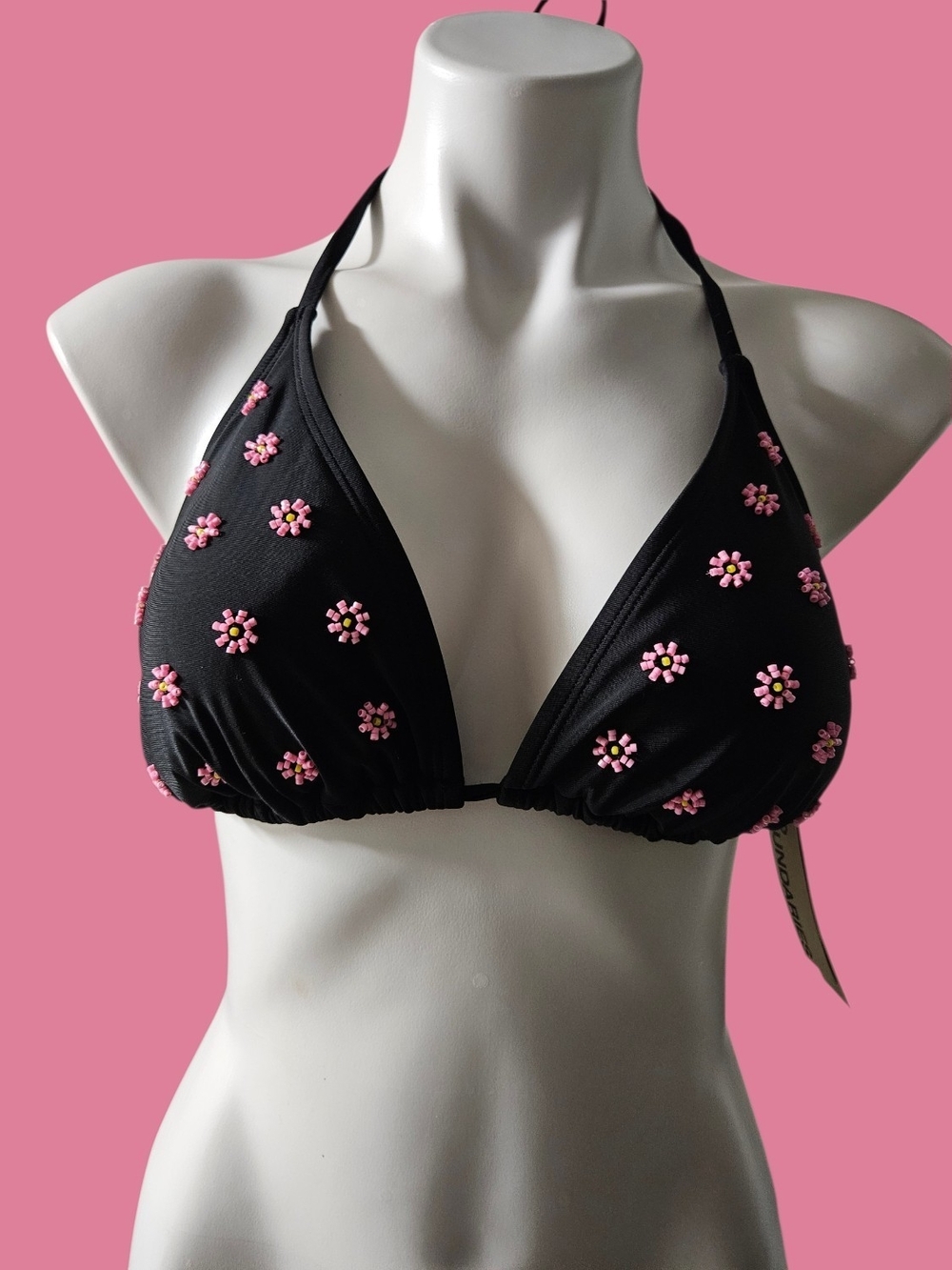 No Boundaries Black Triangle Bikini Top with Pink Daisy Accents